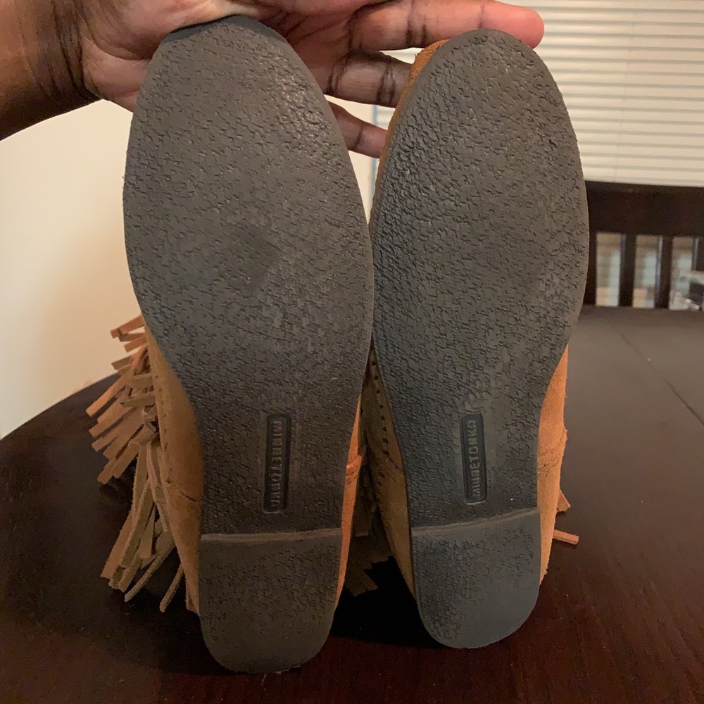 Minnetonka Triple Fringe Suede Moccasin Boots in Cognac Brown - Picture 7 of 7